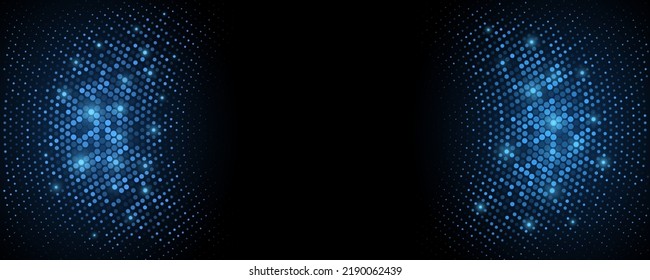 Futuristic glittering blue halftone banner. Abstract geometric background for your design. Glowing dots. Light effect. Stylish frame. Vector graphic. EPS 10