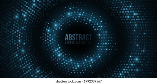 Futuristic, glittering dotted background for modern, technological or scientific design. Glowing halftone effect. Abstract frame. Vector illustration. EPS 10.