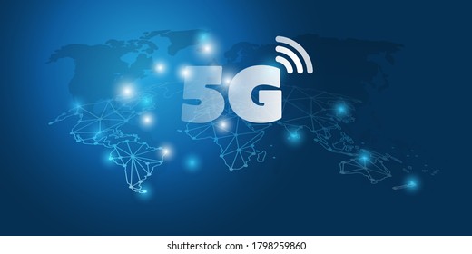 Futuristic Global 5G Mobile Networks Concept with Cluster of Glowing Nodes and World Map - High Speed, Broadband Mobile Telecommunication and Wireless Internet Design