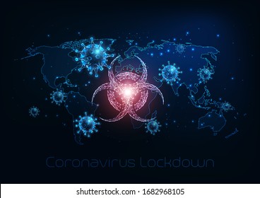 Futuristic global biohazard due to coronavirus COVID-19 disease with glowing low polygonal virus cells, padlock and world map on dark blue background. Modern wireframe mesh design vector illustration.