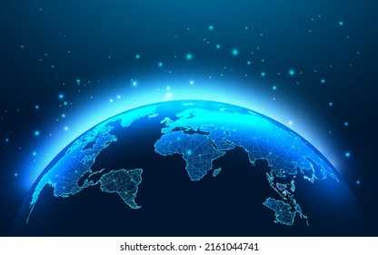 Futuristic global business, network concept with glowing planet Earth map view from space on blue 