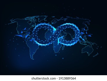 Futuristic global circular economy concept with glowing low polygonal infinity sign on the world map isolated on dark blue background. Modern wire frame mesh design vector illustration.