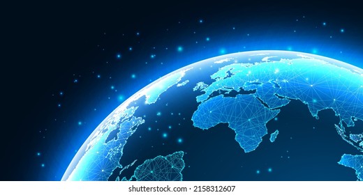 Futurista concepto de comunicación global con un mapa del mundo del planeta de la tierra con bajo brillo sobre azul oscuro