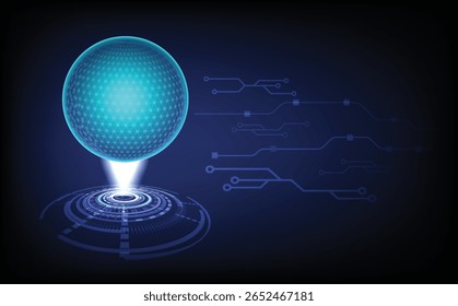 Rede de comunicação global futurista com esfera digital, fundo azul abstrato, linhas de conectividade da internet e design de ciberespaço representando negócios modernos, tecnologia, sistemas de inovação.
