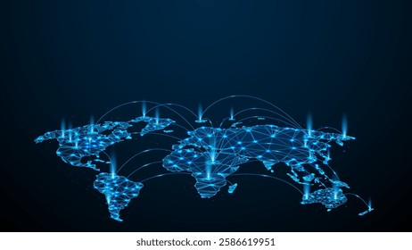 Futuristic Global Connectivity: Glowing Digital Technology and Internet Network Connections on a World Map. Deep Learning, Cloud Computing, AI Big Data, Innovative Future Tech, 3D Line.