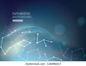 Futuristic global digital communication network and technology background in dark blue color theme with space for text