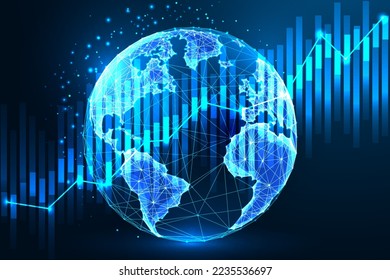 Futuristic Global Economics, Economy trends concept with glowing low polygonal planet Earth Globe and abstract growth chart on dark blue background. Modern wire frame mesh design vector illustration.