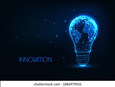 Futuristic global energy, innovation concept with glowing low polygonal light bulb with earth map on dark blue background. Modern wireframe mesh design vector illustration.