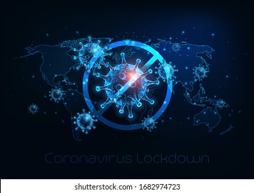 Futuristic global lockdown due to coronavirus COVID-19 disease with glowing low polygonal virus cells, padlock and world map on dark blue background. Modern wire frame mesh design vector illustration.