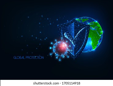 Protección médica global futurista contra el coronavirus infeccioso covid-19 concepto de enfermedad con bajo globo poligonal brillante, escudo y virus sobre fondo azul oscuro. Diseño moderno de malla de bastidor de alambre.