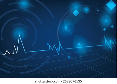 Tecnologia global futurista com Heartbeat Line e Digital World Map.