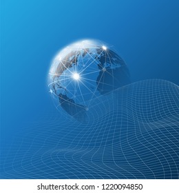 Futuristic Global Technology, Networking and Cloud Computing Design Concept with Earth Globe and 3D Wavy Mesh Pattern - Digital Network Connections, Technology Background