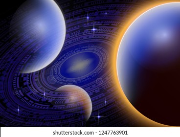 Futuristic globalization interface. New technologies. Universe with planets and bright stars. Space, scientific abstract vector illustration for your design.