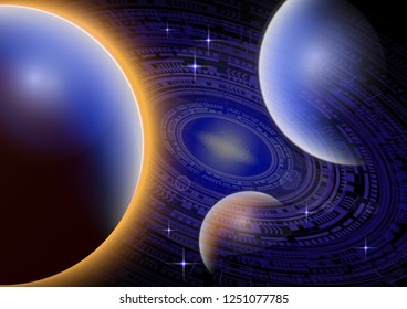 Futuristic globalization interface. New technologies. Universe with planets and bright stars. Space, scientific abstract vector illustration for your design.