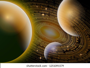Futuristic globalization interface. New technologies. Universe with planets and bright stars. Space, scientific abstract vector illustration for your design.