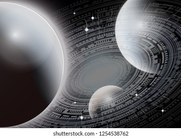 Futuristic globalization interface. New technologies. Universe with planets and bright stars. Space, scientific abstract vector illustration for your design.