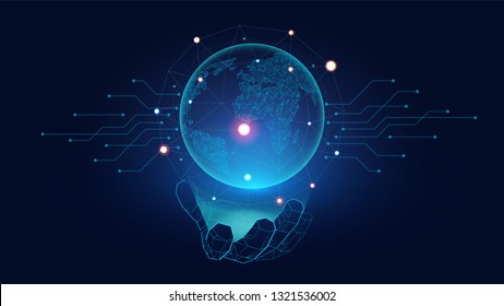 Futuristic Globe With Connection Network Glowing On The Hand Of Ai Robot Suitable For Future Technology Artwork 