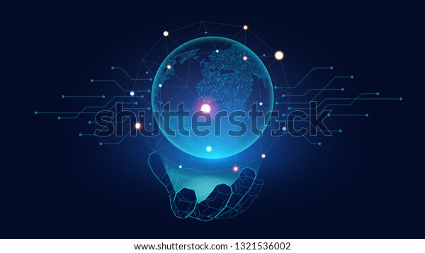 Futuristic Globe\
with connection network glowing on the hand of Ai robot suitable\
for future technology artwork\
