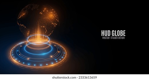 Futuristic globe with glowing 3d HUD circle. Hologram of world map. Digital planet. Global network. Sci-fi and hi-tech elements. Vector illustration. EPS 10.