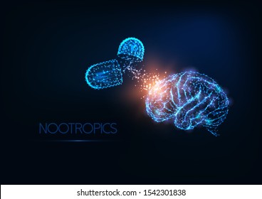 Futuristic gloving low polygonal human brain and medicines capsules on dark blue background. Antidepressants, nootropics, mental disease medicament concept. Modern wireframe design vector illustration