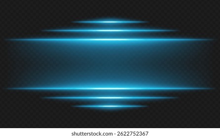 Futuristic glow. Horizontal blue light rays with glowing edges on dark background create high-tech interface or sci-fi UI frame for digital themes and virtual environments.