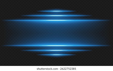 Futuristic glow. Horizontal blue light rays with glowing edges on dark background create high-tech interface or sci-fi UI frame for digital themes and virtual environments.