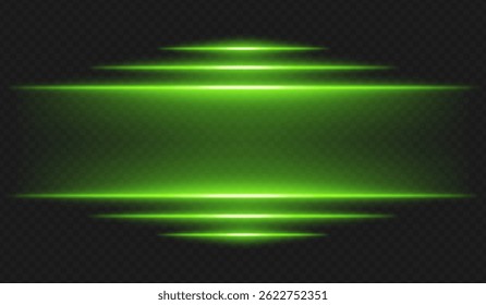 Futuristic glow. Horizontal green light rays with glowing edges on dark background create high-tech interface or sci-fi UI frame for digital themes and virtual environments.