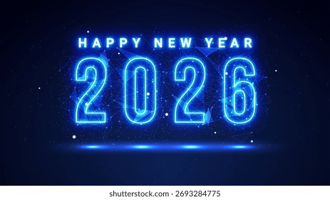Número 2026 luminoso futurista com linhas de plexo e partículas de brilho. Feliz Ano Novo cartão de comemoração no estilo de luz neon azul