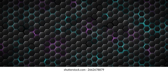 Futuristic glowing 3d black hexagons with blue neon highlights. Modern hi-tech hexagonal pattern for technology design, digital gaming interfaces or scientific background. Vector illustration.
