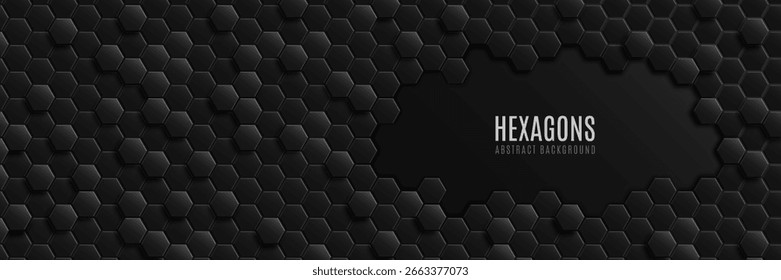 Hexágonos negros brillantes futuristas 3D con reflejos de neón azul y púrpura. Diseño de Anuncios de alta tecnología para la presentación de Web de tecnología, interfaces de juegos digitales o antecedentes científicos. Vector.