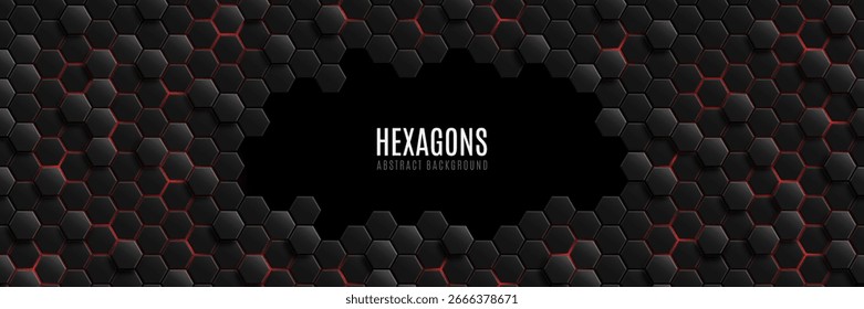 Futuristisch glühende 3D schwarze Sechsecke mit roten Neon-Highlights. Hi-Tech Banner Design für Technologiepräsentation, digitale Spieleschnittstellen oder wissenschaftlichen Hintergrund. Vektorgrafik.
