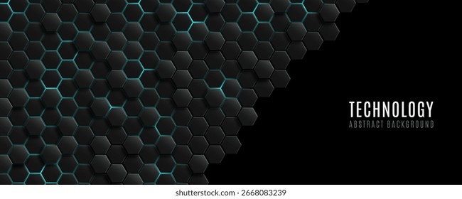 Hexágonos pretos 3D brilhantes futuristas com destaques de néon azul para o fundo da tecnologia. Estrutura hexagonal de alta tecnologia para interfaces de jogos digitais ou apresentação científica. Ilustração vetorial.