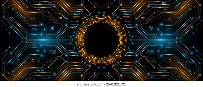 Placa de circuito AI brillante futurista con detalles electrónicos para diseño de interfaz de usuario y GUI. Panel de alta tecnología con efectos de luz. Fondo de tecnología moderna. Ilustración vectorial. EPS 10