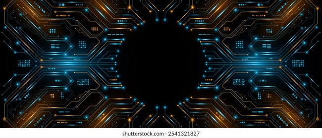 Placa de circuito de IA brilhante futurista com detalhes eletrônicos para design de interface gráfica do usuário e GUI. Painel de alta tecnologia com efeitos de luz. Histórico tecnológico. Ilustração vetorial. EPS 10