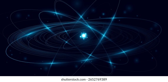 Futuristic glowing atom featuring blue elliptical rings circling a radiant central core on a dark background. Atomic structure backdrop for scientific research presentation or website. Vector.
