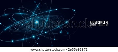 Futuristic glowing atom featuring blue elliptical rings circling a radiant central core on black background. Atomic structure backdrop for scientific research presentation or website. Vector.