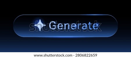Futuristic glowing blue AI generate button icon with sparkle star. Digital user interface UI element for generative AI technology prompt tool, isolated on dark gradient background vector illustration.