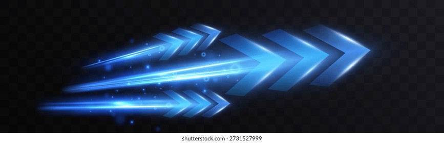 Flechas azules brillantes futuristas con rastros de luz sobre un fondo oscuro, que simbolizan la velocidad, el movimiento, la tecnología, el progreso y la dirección hacia adelante con un efecto de neón dinámico.