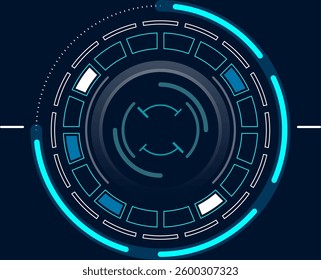 Futuristic glowing blue circular user interface featuring a target symbol and geometric shapes, creating a dynamic visual experience for technology projects