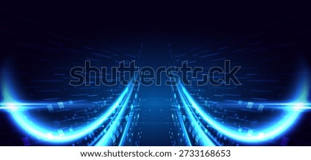 Futuristic glowing blue curve ray with spuare pattern decor on dark blue background. Concept communication,speed movement, technology digital. Vector illustration
