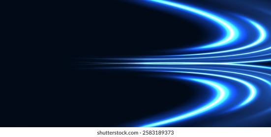 Futuristic glowing blue curved rays on dark blue background. Hi-speed night effect blur speed motion moving. Vector illustration
