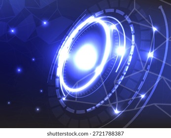 Futuristische leuchtende blaue digitale Schnittstelle mit kreisförmigen HUD-Elementen und verbundenen Netzwerklinien, die Hightech-Innovation, digitale Transformation der Cybersicherheit repräsentieren.