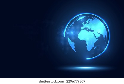 Futuristic glowing blue earth world and globe abstract technology background. Artificial intelligence digital transformation and big data concept. Environment and ecology concept. Vector illustration