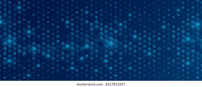 Futuristic glowing blue hexagons for Business or Science background. Abstract cyber honeycomb mosaic. Scientific research presentation backdrop for online webinar or conference. Vector Illustration
