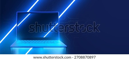 Futuristic glowing blue laptop computer with blank screen on reflective surface with neon light beams and circuit board lines on dark technology background with copyspace