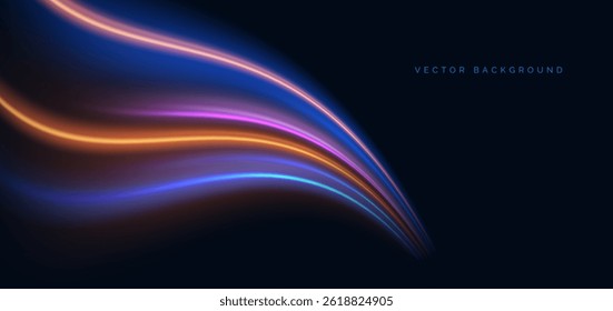 Futuristic glowing blue and orange wave rays on dark blue background. Hi-speed night effect blur speed motion moving. Vector illustration