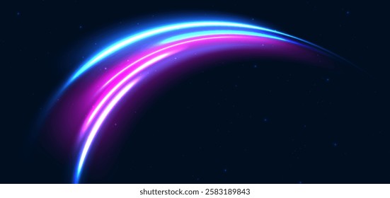 Futuristic glowing blue and pink curved rays on dark blue background. Hi-speed night effect blur speed motion moving. Vector illustration