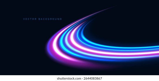 Futuristic glowing blue and pink curved rays on dark blue background. Hi-speed night effect blur speed motion moving. Vector illustration