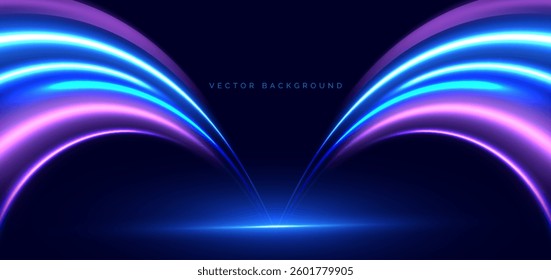 Futuristic glowing blue and purple curved rays on dark blue background. Hi-speed night effect blur speed motion moving. Vector illustration