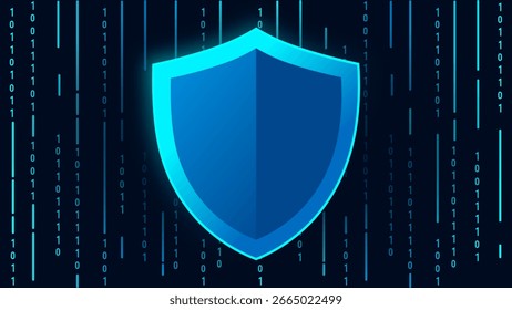 Escudo azul brilhante futurista com fundo de código binário, simbolizando segurança cibernética, proteção de dados, criptografia e privacidade online. Perfeito para designs de tecnologia, firewall e segurança para a Internet.